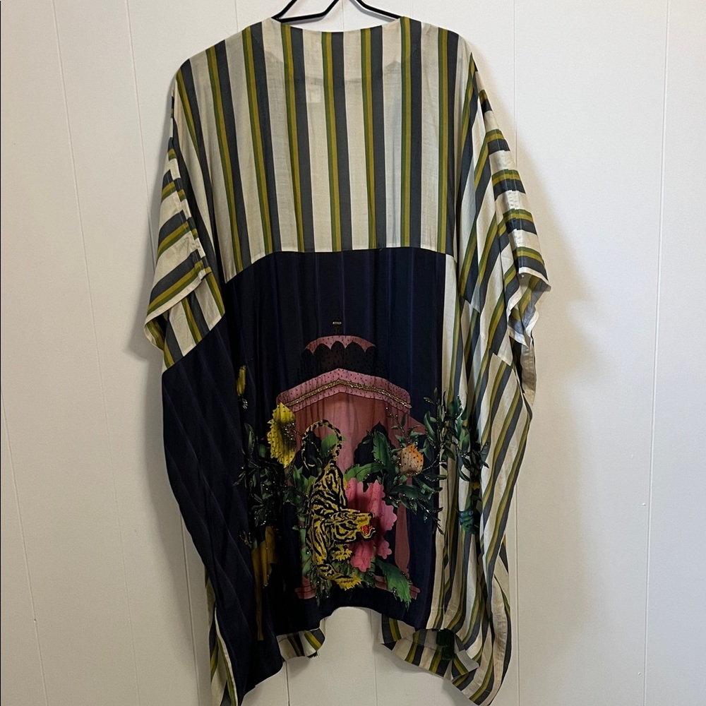 RARE Verandah Hand Beaded Panel Forest Stripe Tiger Kimono Tassels Kaftan Boho M - Picture 3 of 15